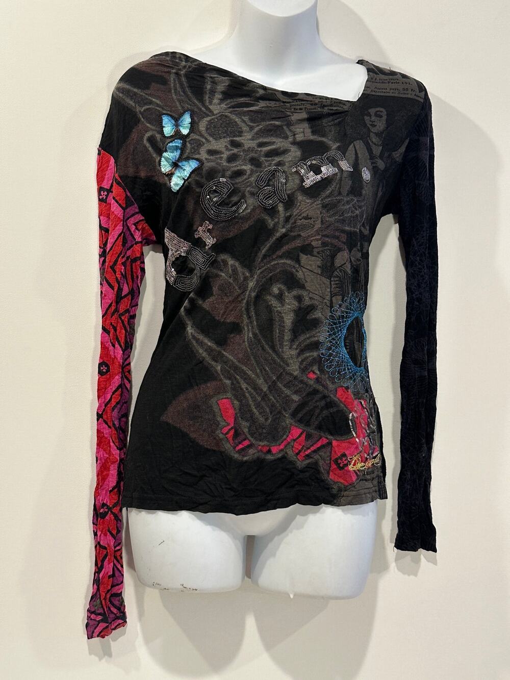 Desigual Vintage Y2K Beaded Dream Graphic Mixed Media Long Sleeve Top Small